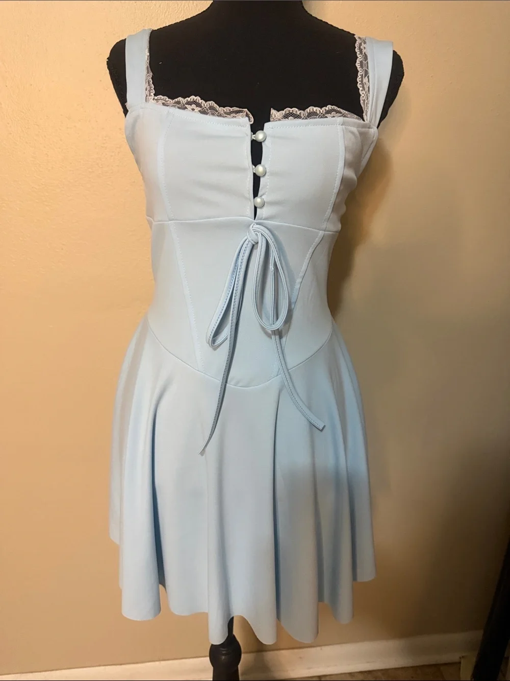 Light Blue Lace-Trim Slip Dress with Front Tie Detail